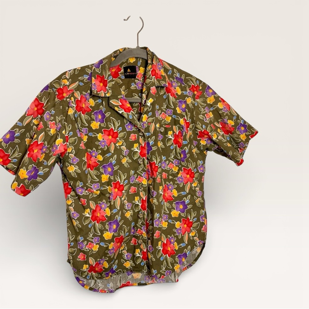 90's Vintage Lizsport Green Floral Button Down Tropical Vacation Petite Small